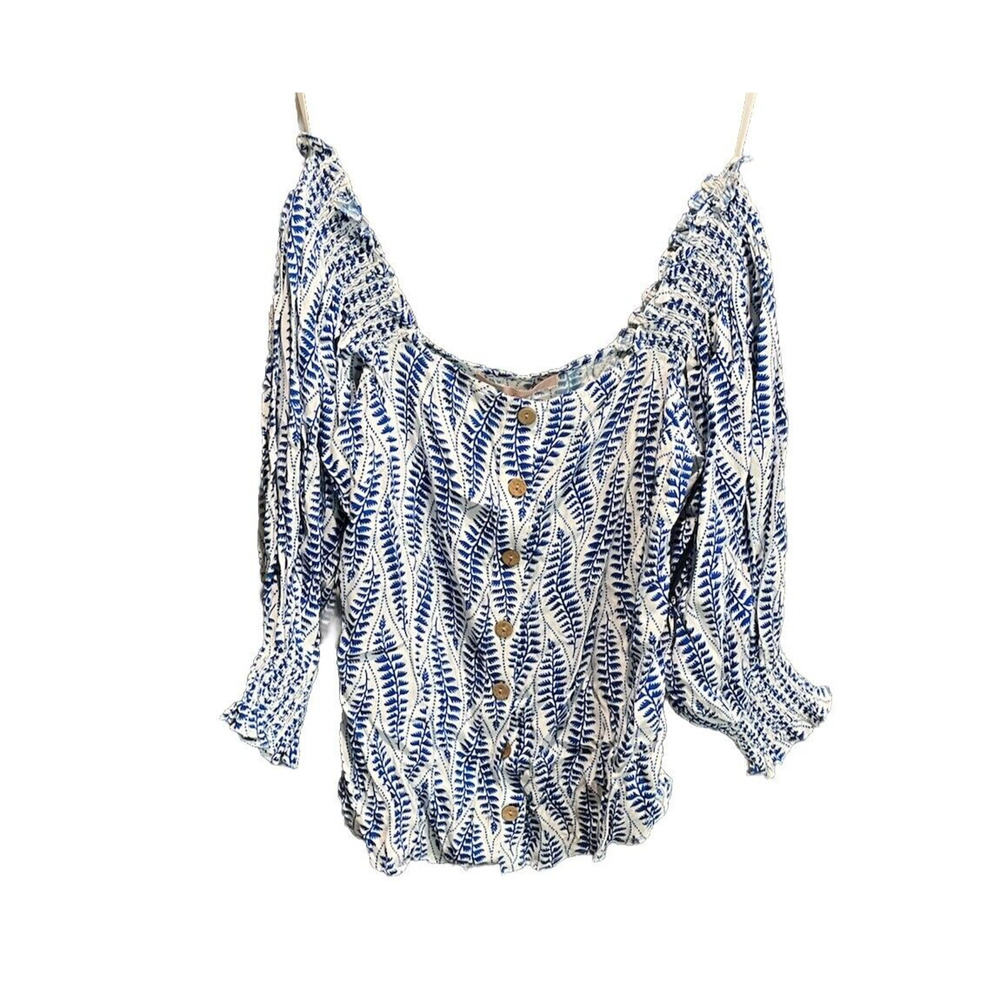 Hutch Blue & White‎ Off Shoulder Long Sleeve Button Up Women's Top Size XS
